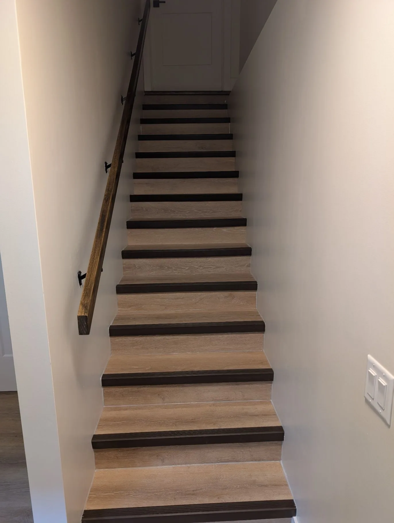 Basement stairs with light wood treads and dark nosing