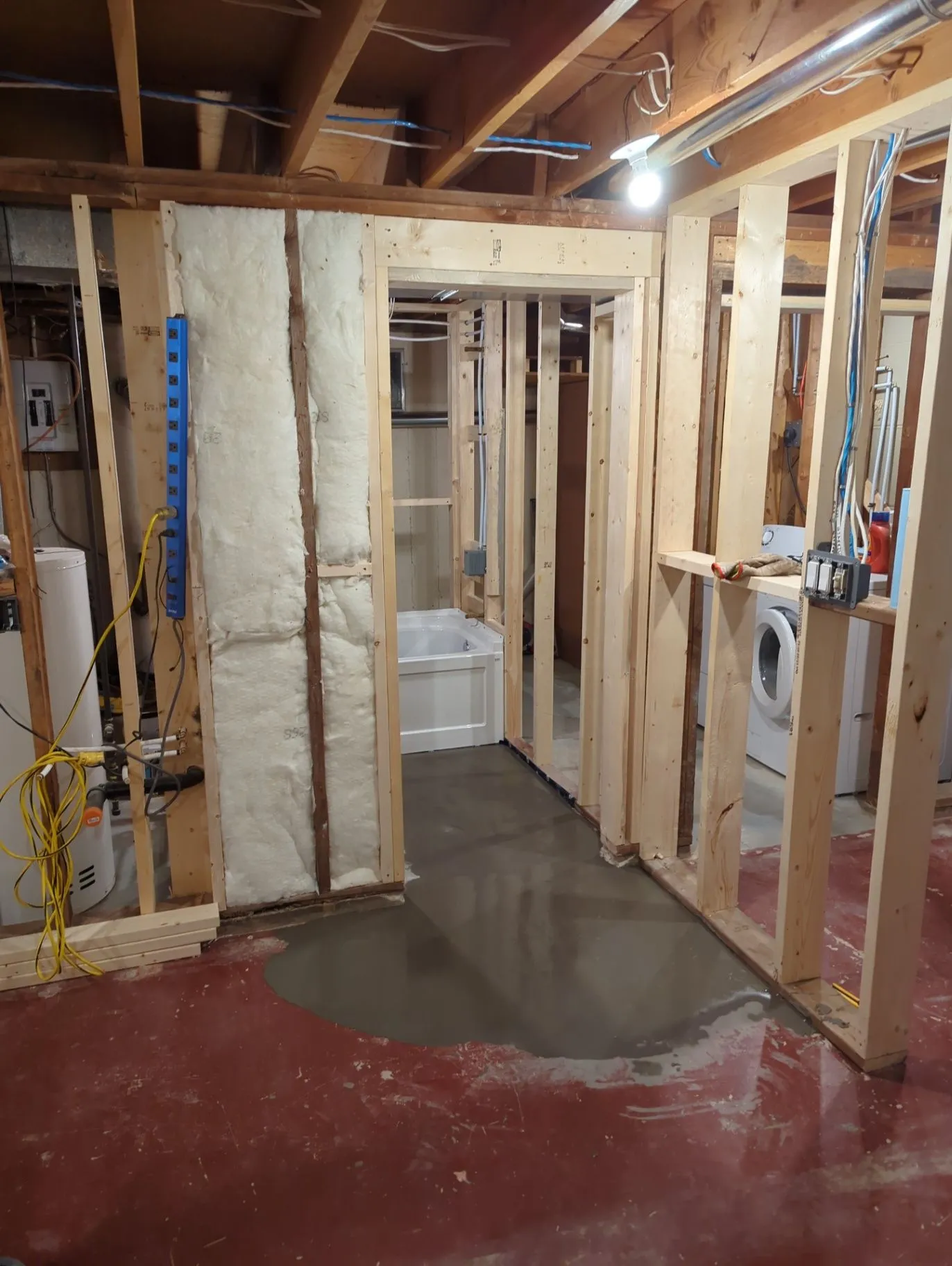 Open basement framing around a utility area