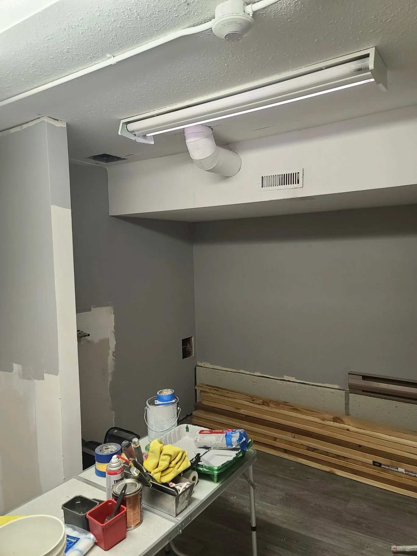 Commercial interior with fluorescent lighting and work materials
