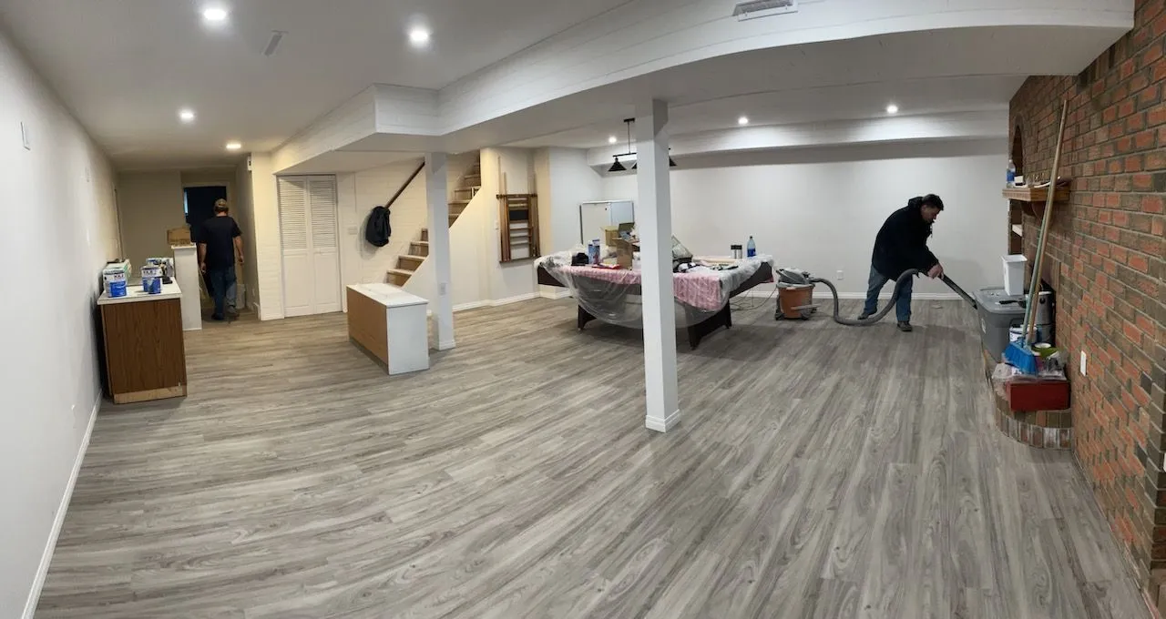 Finished commercial interior with new flooring and open work areas
