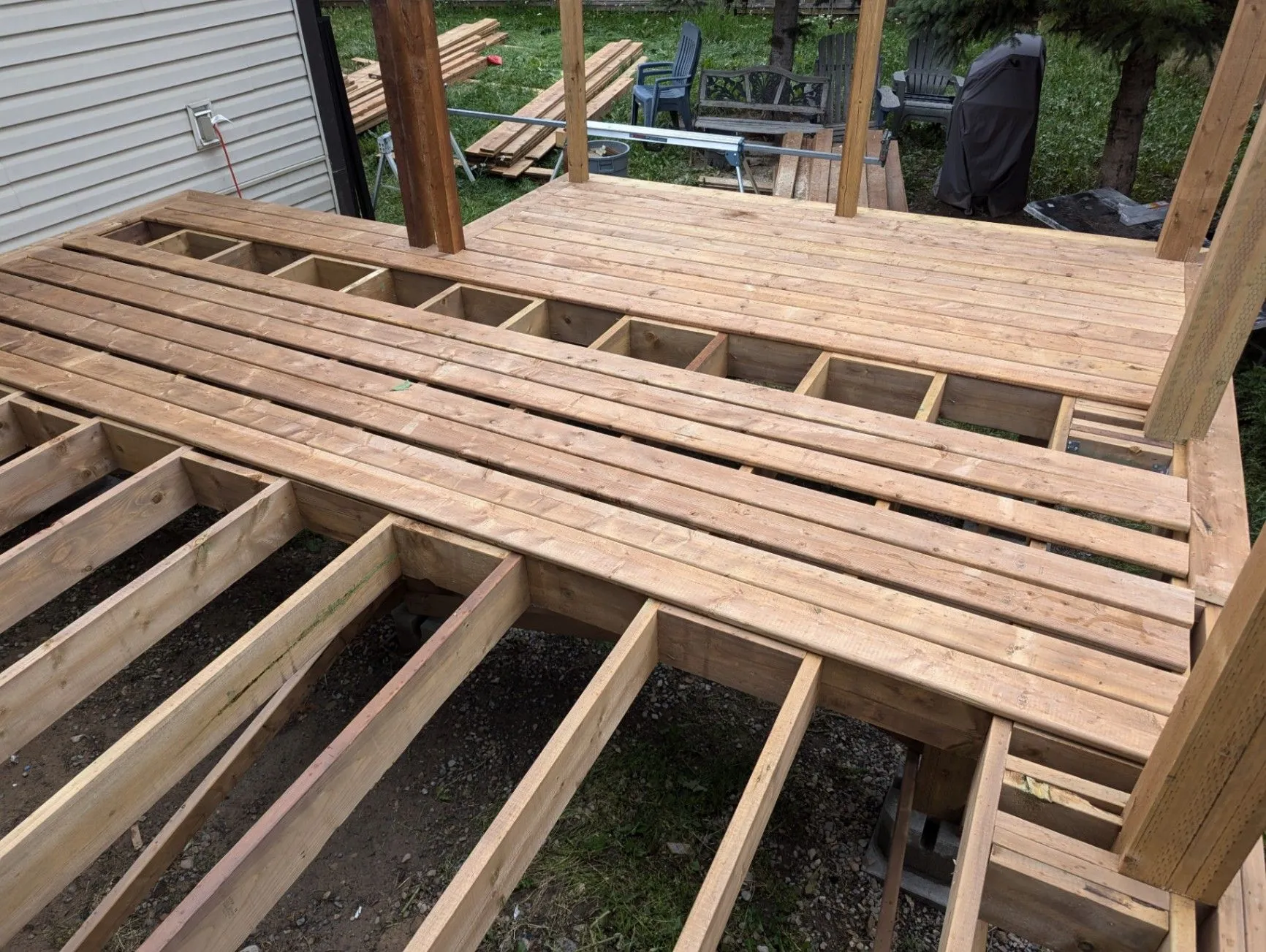 Close view of deck framing before the boards are complete