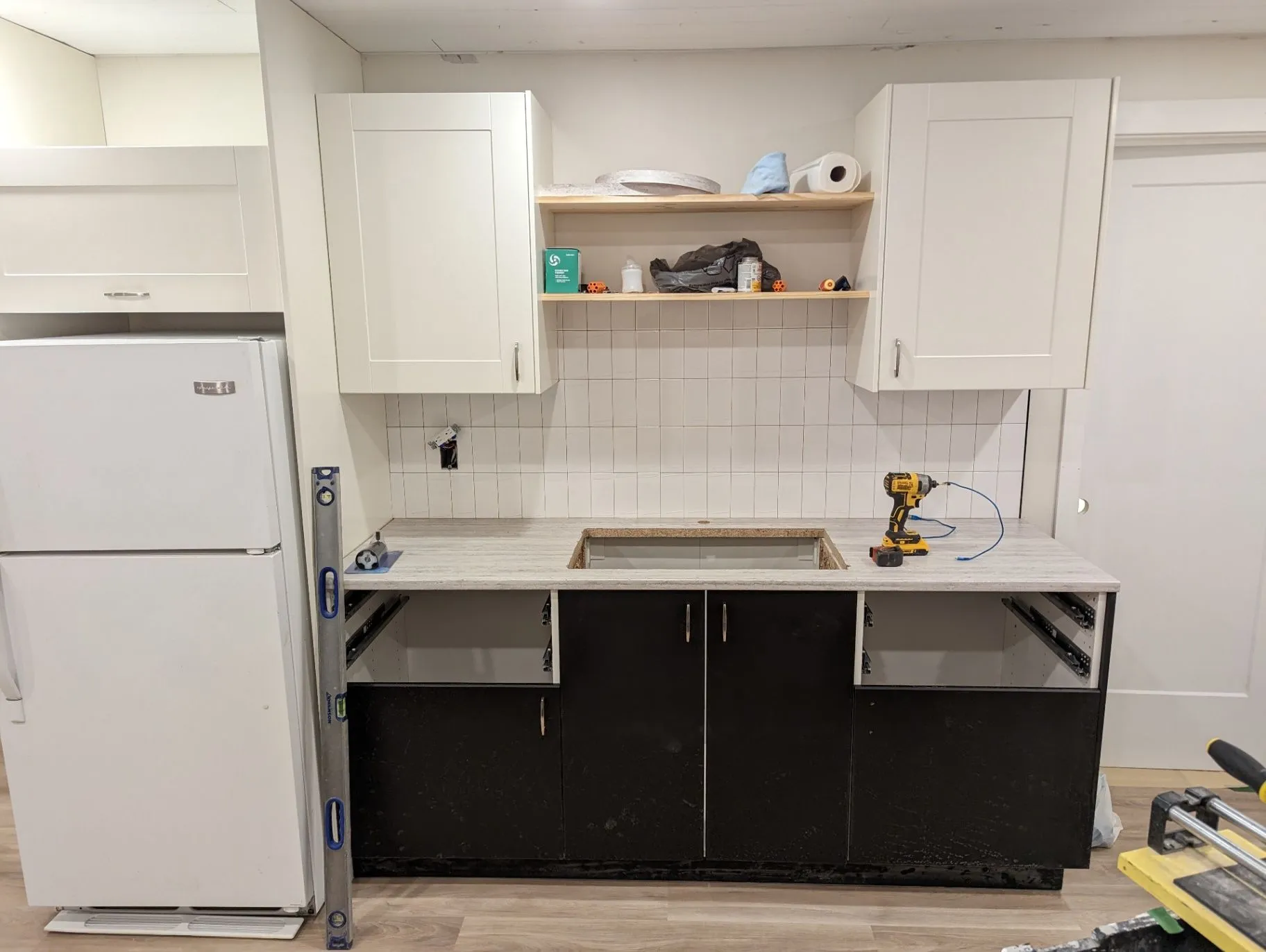 Kitchen cabinets and counter area during installation