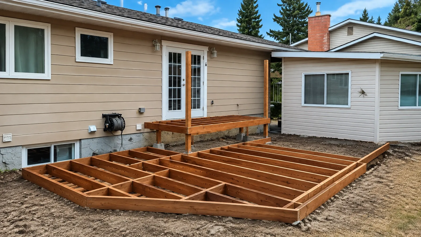 Deck framing in a backyard