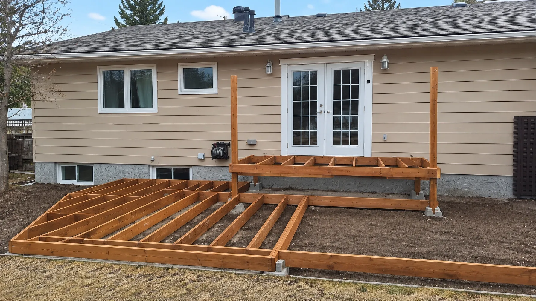 Deck framing beside the house