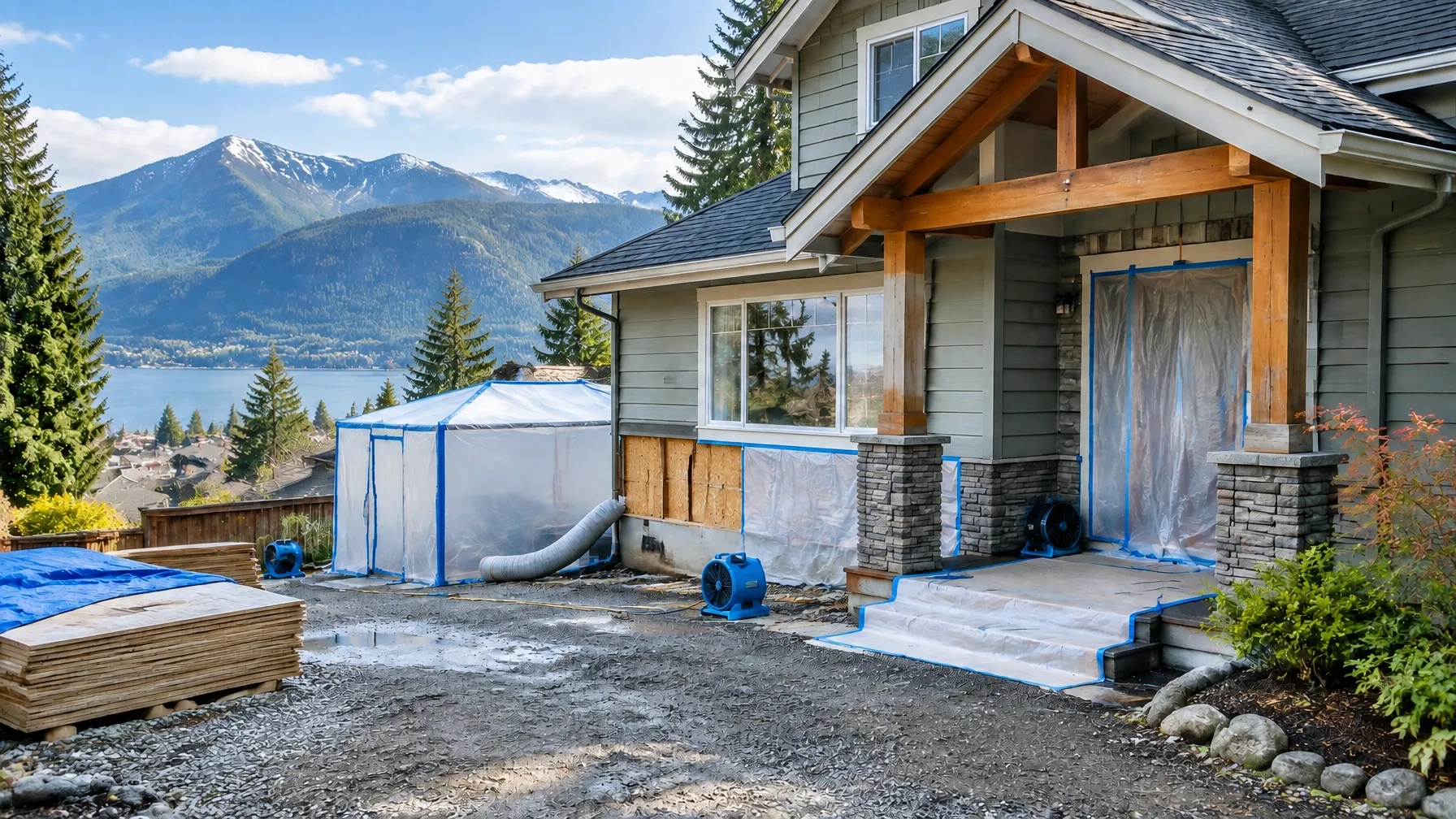Illustrative mountain home restoration scene with protective sheeting and drying equipment
