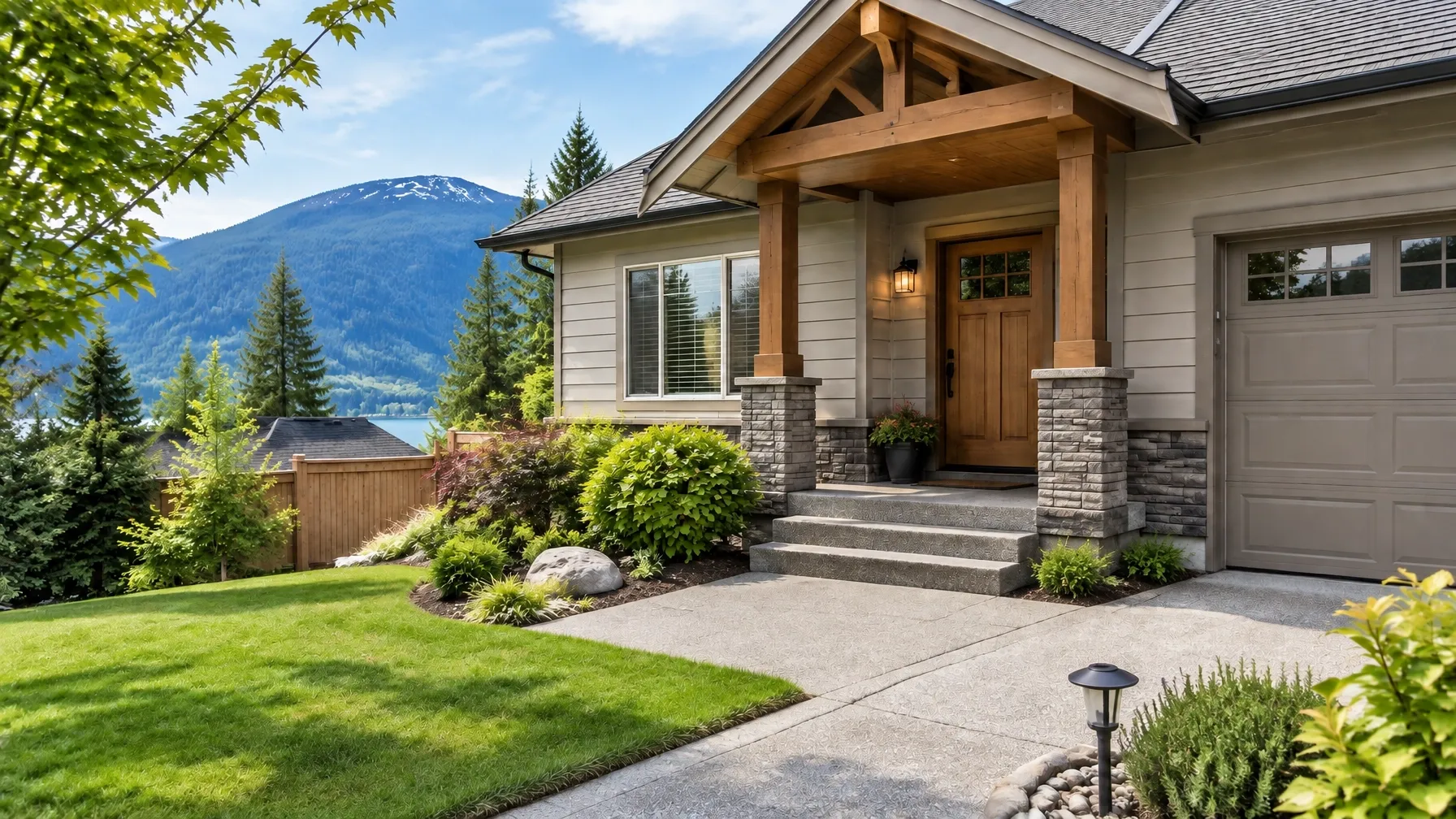 Illustrative finished mountain home exterior with a porch, landscaping, and lake view