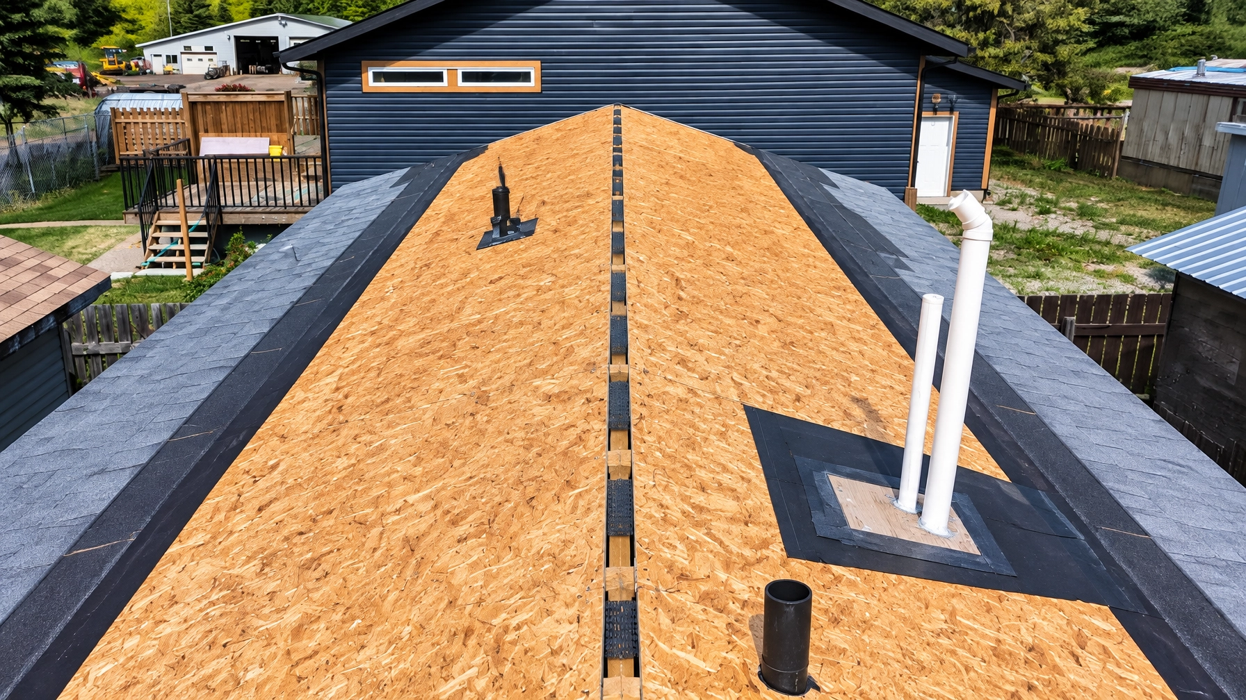 Stripped shingle roof with new OSB sheathing, ice-and-water membrane, ridge vent, and plumbing stacks on a blue-sided mountain home